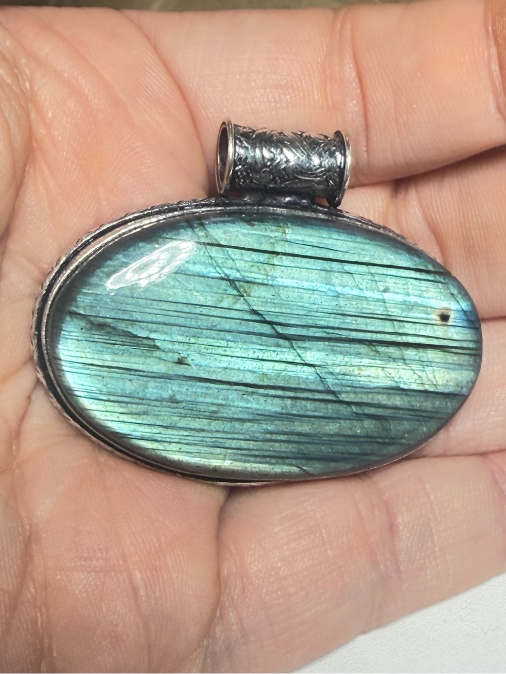 Labradorite Pendant | Teal Green Flash | Horizontal Oval | Hollow Bale 2 Inches